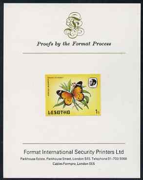 Lesotho 1984 Butterflies African Monarch 1s imperf proof mounted on Format International proof card as SG 563, stamps on butterflies