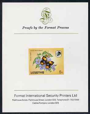 Lesotho 1984 Butterflies Yellow Pansy 5s imperf proof mounted on Format International proof card as SG 567, stamps on butterflies