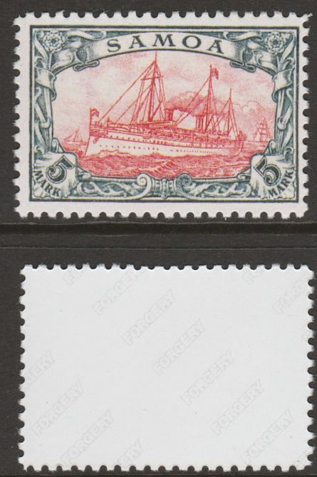 Samoa 1900 Yacht 'Hohenzollern' 5m  'Maryland' perf forgery 'unused', as SG G19 - the word Forgery is either handstamped or printed on the back and comes on a presentation card with descriptive notes, stamps on forgery, stamps on forgeries, stamps on ships, stamps on yachts, stamps on maryland