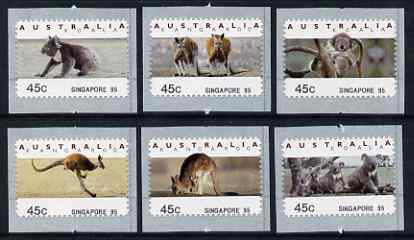 Australia 1994 Australian Wildlife (2nd Series) self adhesive set of 6 unmounted mint (inscribed Singapore 95), similar to SG 1459-64, stamps on animals, stamps on kangaroos, stamps on koalas, stamps on bears, stamps on self adhesive, stamps on stamp exhibitions