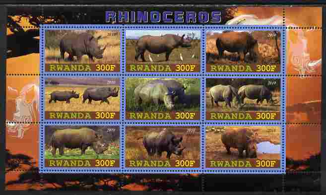 Rwanda 2010 Rhinoceros perf sheetlet containing 9 values unmounted mint, stamps on animals, stamps on rhinos