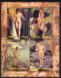 Somalia 2004 Nude Paintings by Anders Zorn perf sheetlet containing 4 values unmounted mint, stamps on arts, stamps on nudes, stamps on 