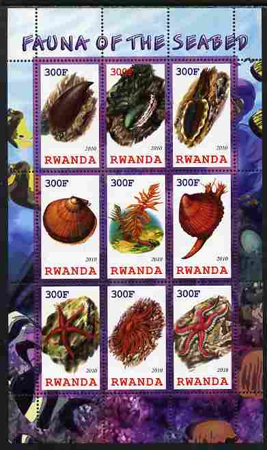 Rwanda 2010 Fauna of the Sea Bed perf sheetlet containing 9 values unmounted mint, stamps on marine life, stamps on .shells, stamps on seaweed