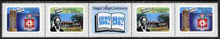 Tonga 1982 College Centenary 29s self-adhesive se-tenant strip of 4 optd SPECIMEN unmounted mint, as SG 827-30, stamps on education, stamps on self adhesive, stamps on rugby