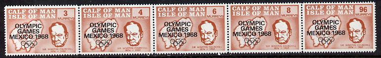 Calf of Man 1968 Olympic Games Mexico overprinted on Churchill perf set of 5 in brown P14.5 (Rosen CA123-27) unmounted mint, stamps on churchill  personalities  maps   sport      olympics