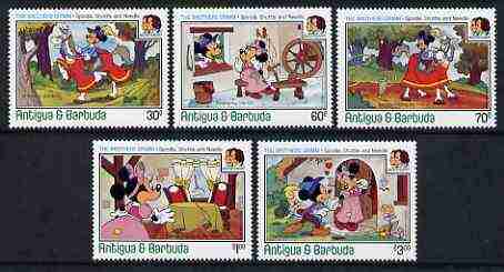 Antigua 1985 Birth Bicent of Grimm Brothers set of 5 showing Disney cartoon characters in scenes from 'Spindle, Shuttle & Needle' unmounted mint, SG 975-79, stamps on disney, stamps on literature, stamps on textiles