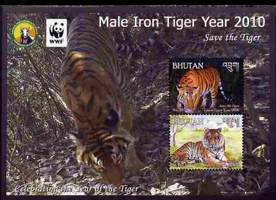 Bhutan 2010 WWF - Year of the Tiger perf sheetlet containing 2 values unmounted mint , stamps on animals, stamps on  wwf , stamps on cats, stamps on tigers