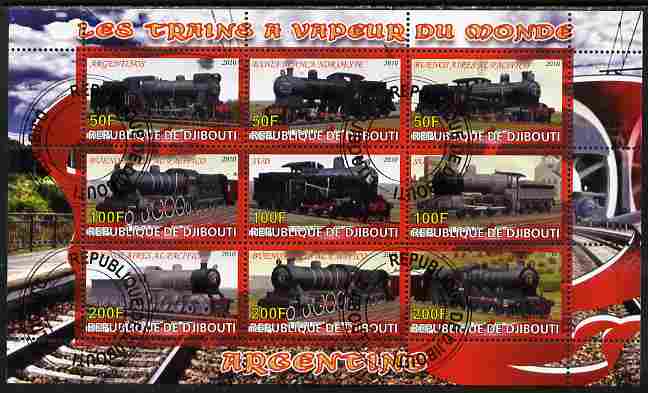 Djibouti 2010 Steam Locos of the World - Argentina perf sheetlet containing 9 values fine cto used, stamps on railways