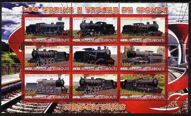 Djibouti 2010 Steam Locos of the World - Argentina perf sheetlet containing 9 values unmounted mint, stamps on , stamps on  stamps on railways