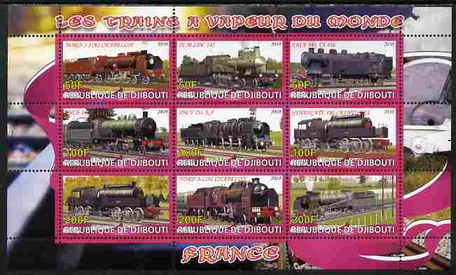 Djibouti 2010 Steam Locos of the World - France perf sheetlet containing 9 values unmounted mint, stamps on railways