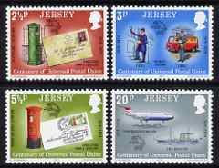 Jersey 1974 Centenary of UPU set of 4 unmounted mint, SG 107-110, stamps on aviation.stamp on stamp, stamps on postal, stamps on upu, stamps on ships, stamps on postbox, stamps on  upu , stamps on , stamps on stamponstamp