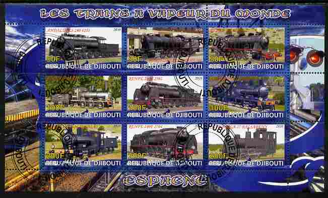 Djibouti 2010 Steam Locos of the World - Spain perf sheetlet containing 9 values fine cto used, stamps on railways