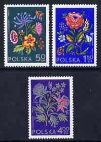 Poland 1974 Socphilex IV Int Stamp Exhibition set of 3 Regional Floral Embroideries unmounted mint, SG 2294-96, stamps on flowers, stamps on textiles, stamps on stamp exhibitions