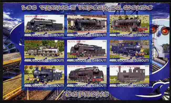 Djibouti 2010 Steam Locos of the World - Spain imperf sheetlet containing 9 values unmounted mint, stamps on railways