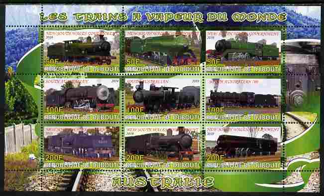 Djibouti 2010 Steam Locos of the World - Australia perf sheetlet containing 9 values unmounted mint, stamps on railways