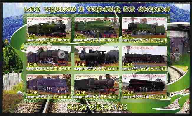 Djibouti 2010 Steam Locos of the World - Australia imperf sheetlet containing 9 values unmounted mint, stamps on railways