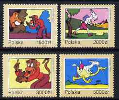 Poland 1993 40th Death Anniversary of Kornel Makuszynski (writer of children's books) set of 4 unmounted mint, SG 3479-82, stamps on literature, stamps on children, stamps on animals, stamps on cats, stamps on monkeys, stamps on goats, stamps on birds