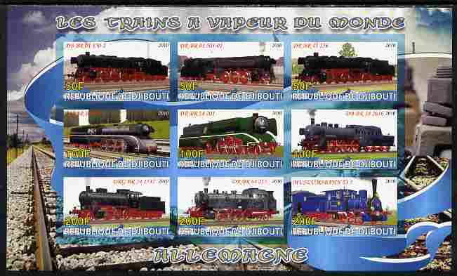 Djibouti 2010 Steam Locos of the World - Germany imperf sheetlet containing 9 values unmounted mint, stamps on railways