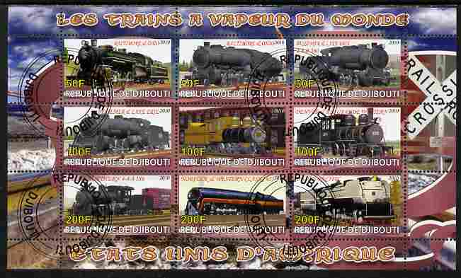Djibouti 2010 Steam Locos of the World - USA perf sheetlet containing 9 values fine cto used, stamps on railways