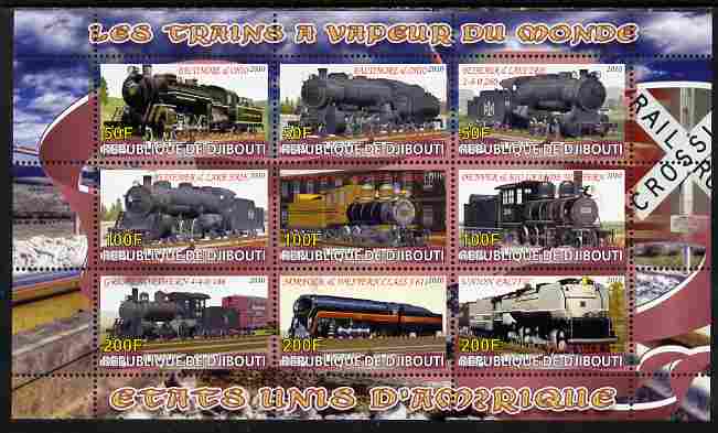 Djibouti 2010 Steam Locos of the World - USA perf sheetlet containing 9 values unmounted mint, stamps on railways