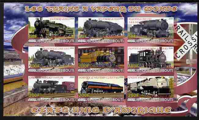 Djibouti 2010 Steam Locos of the World - USA imperf sheetlet containing 9 values unmounted mint, stamps on , stamps on  stamps on railways