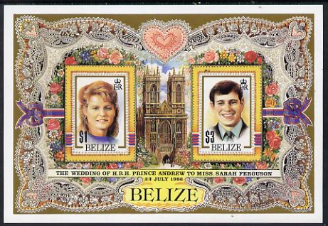 Belize 1986 Royal Wedding imperf m/sheet unmounted mint, SG MS 944. Please note: This m/sheet is from the original and genuine Format International printings and one of only 60 known copies. It is NOT one of the wishy-washy reprint/forgeries that are flooding the market., stamps on royalty, stamps on lace, stamps on textiles, stamps on andrew & fergie, stamps on london