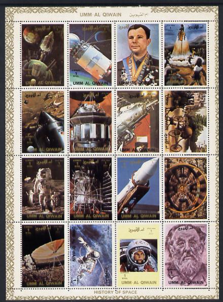 Umm Al Qiwain 1972 History of Space #1 sheetlet containing 16 values unmounted mint (Mi 1066-81A) , stamps on space