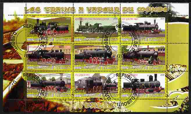 Djibouti 2010 Steam Locos of the World - Italy perf sheetlet containing 9 values fine cto used, stamps on railways
