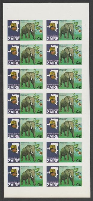 Zaire 1979 River Expedition 4k Elephant complete imperf sheet of 14, unmounted mint from uncut proof sheet as SG 954. NOTE - this item has been selected for a special off..., stamps on animals, stamps on elephants