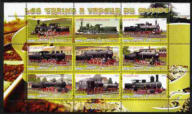 Djibouti 2010 Steam Locos of the World - Italy perf sheetlet containing 9 values unmounted mint, stamps on railways