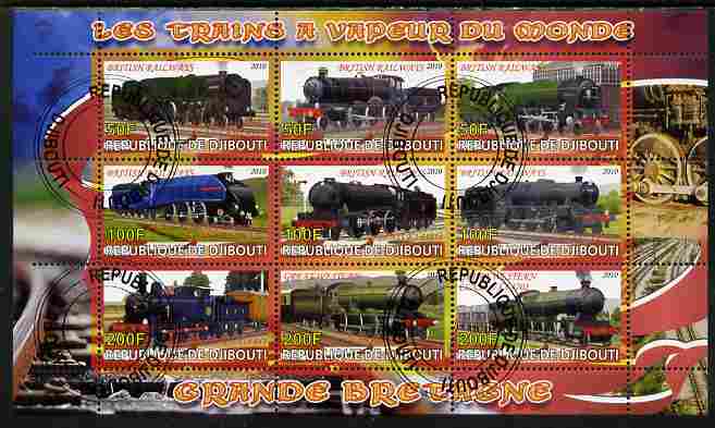 Djibouti 2010 Steam Locos of the World - Great Britain perf sheetlet containing 9 values fine cto used, stamps on railways