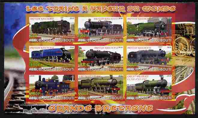 Djibouti 2010 Steam Locos of the World - Great Britain imperf sheetlet containing 9 values unmounted mint, stamps on railways