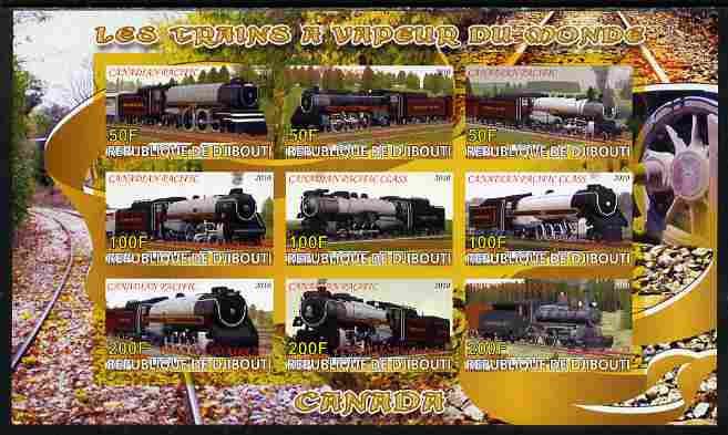 Djibouti 2010 Steam Locos of the World - Canada imperf sheetlet containing 9 values unmounted mint, stamps on railways