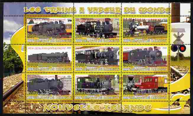 Djibouti 2010 Steam Locos of the World - New Zealand perf sheetlet containing 9 values unmounted mint, stamps on railways