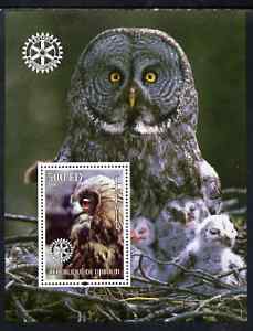 Djibouti 2004 Owls #1 perf souvenir sheet (with Rotary Logo) unmounted mint, stamps on birds, stamps on birds of prey, stamps on owls, stamps on rotary