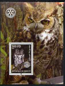 Djibouti 2004 Owls #2 perf souvenir sheet (with Rotary Logo) unmounted mint, stamps on birds, stamps on birds of prey, stamps on owls, stamps on rotary