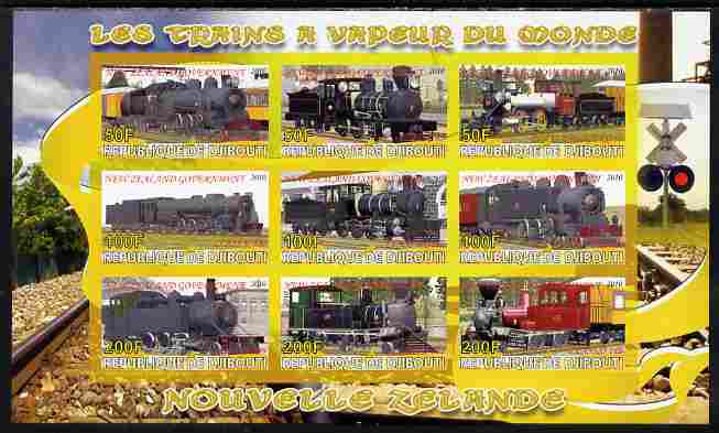Djibouti 2010 Steam Locos of the World - New Zealand imperf sheetlet containing 9 values unmounted mint, stamps on railways