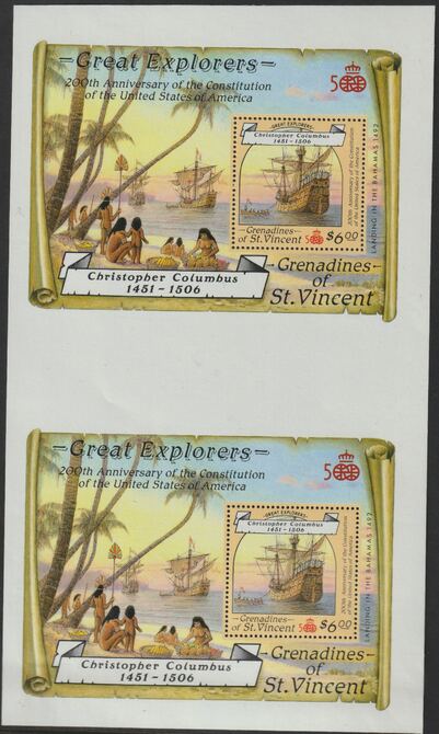 St Vincent - Grenadines 1988 Explorers the unissued $6 m/sheet (Santa Maria) vertical pair from uncut perforated press sheet, unmounted mint but minor wrikles (only 20 pa..., stamps on columbus, stamps on explorers, stamps on personalities, stamps on , stamps on ships
