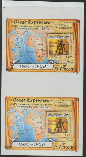 St Vincent - Grenadines 1988 Explorers $5 m/sheet (Sextant & Map) vertical pair from uncut perforated press sheet, unmounted mint but minor wrikles (only 20 pairs believe..., stamps on columbus, stamps on explorers, stamps on maps, stamps on ships, stamps on navigation