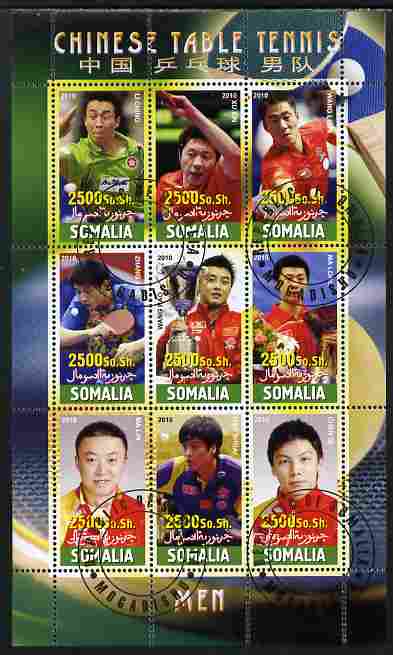 Somalia 2010 Chinese Table Tennis Stars - Male perf sheetlet containing 9 values fine cto used, stamps on sport, stamps on table tennis