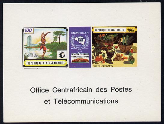 Central African Republic 1970 Knokphila 70 Stamp Exhibition 100f triptych deluxe proof card in full issued colours (as SG 223-4), stamps on fruit, stamps on stamp exhibitions