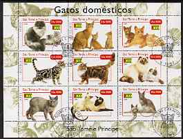 St Thomas & Prince Islands 2004 Domestic Cats perf sheetlet containing 9 values cto used, stamps on cats