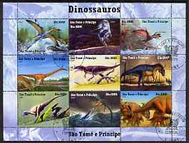 St Thomas & Prince Islands 2004 Dinosaurs perf sheetlet containing 9 values cto used, stamps on dinosaurs