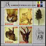 Buriatia Republic 1999 Albrecht Durer perf sheetlet containing set of 4 values complete with IBRA imprint, unmounted mint (Drawings of Ox, Rhino, Hare & Deer), stamps on arts, stamps on durer, stamps on animals, stamps on stamp exhibitions