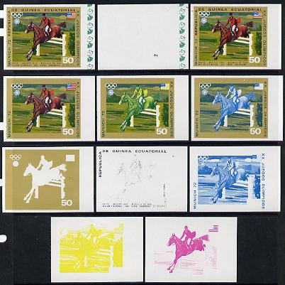 Equatorial Guinea 1972 Munich Olympics (5th series) 3-Day Eventing 50pts (William Steinkraus on Snowbound) set of 11 imperf progressive proofs comprising the 6 individual colours plus composites of 2, 3, 4, 5 and all 6 colours, a superb group unmounted mint (as Mi 132), stamps on horses  olympics   sport       show-jumping