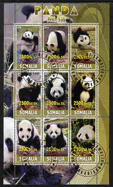 Somalia 2010 Pandas perf sheetlet containing 9 values fine cto used, stamps on animals, stamps on bears, stamps on pandas