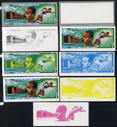 Equatorial Guinea 1972 Munich Olympics (2nd series) Past Champions 1pt (J Owens) set of 9 imperf progressive proofs comprising the 5 individual colours plus composites of..., stamps on olympics  sport    running