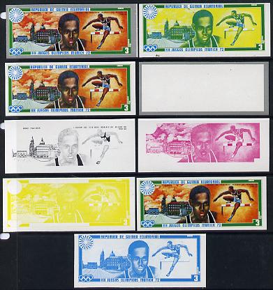 Equatorial Guinea 1972 Munich Olympics (2nd series) Past Champions 3pts (L Calhoun) set of 9 imperf progressive proofs comprising the 5 individual colours plus composites of 2, 3, 4 and all 5 colours, a superb and important group unmounted mint (as Mi 83), stamps on olympics  sport    hurdles