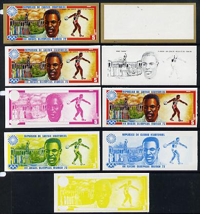 Equatorial Guinea 1972 Munich Olympics (2nd series) Past Champions 5pts (R Johnson) set of 9 imperf progressive proofs comprising the 5 individual colours plus composites of 2, 3, 4 and all 5 colours, a superb and important group unmounted mint (as Mi 84), stamps on olympics   sport     discus