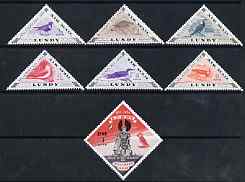 Lundy 1955 Erik Bloodaxe Millenary triangular & Diamond shaped (Air Mail) perf set of 7 unmounted mint, Rosen LU118-24, stamps on animals, stamps on europa, stamps on horses, stamps on triangulars, stamps on vikings